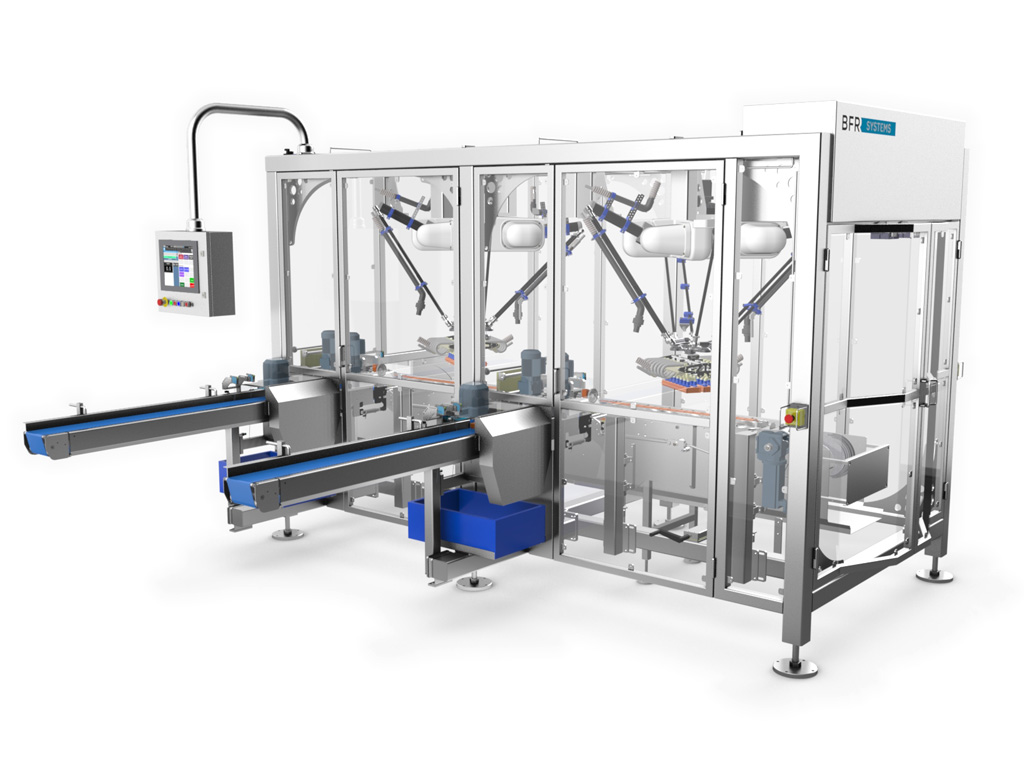 Robot station for packing machine in-feed
