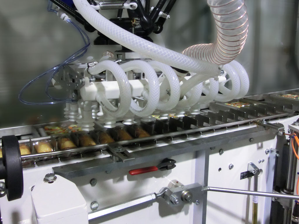 Robot station for packing machine in-feed